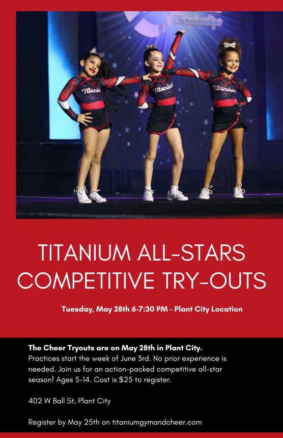 Titanium Gymnastics All-Star Cheerleading Tryouts Flyer